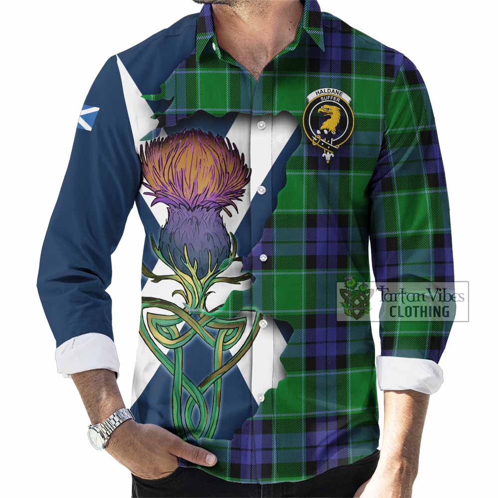 Tartan Vibes Clothing Haldane Tartan Family Crest Long Sleeve Button Shirt Scottish Thistle Celtic Inspired