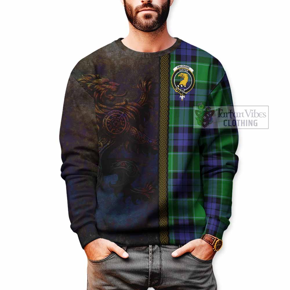 Haldane Tartan Family Crest Sweatshirt Alba Gu Brath Be Brave Lion Ancient Style - Tartan Vibes Clothing