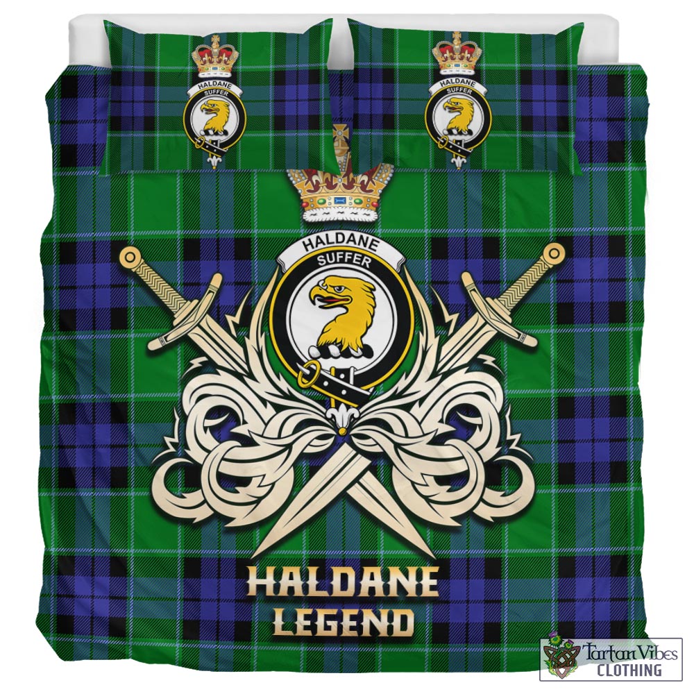 Tartan Vibes Clothing Haldane Tartan Bedding Set with Clan Crest and the Golden Sword of Courageous Legacy