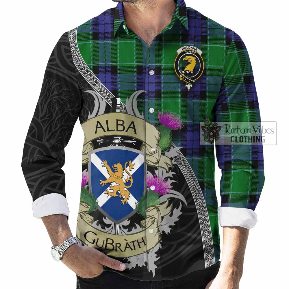 Haldane Tartan Family Crest Long Sleeve Button Shirt Lion Rampant Royal Thistle Shield Celtic Inspired - Tartan Vibes Clothing