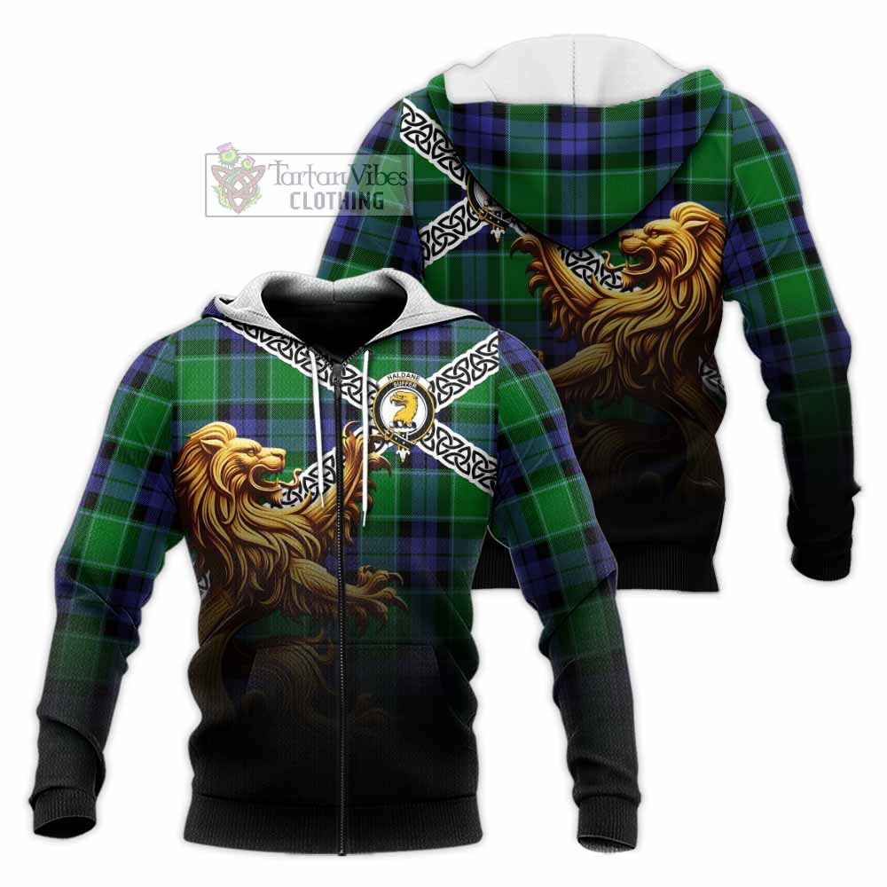 Haldane Crest Tartan Knitted Hoodie with Golden Lion Emblem Celtic Style Unisex Knitted Zip Hoodie - Tartan Vibes Clothing
