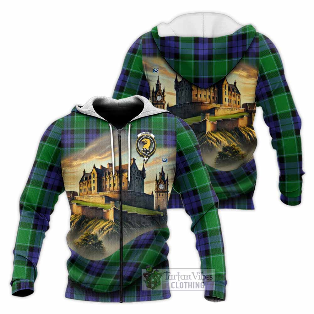 Haldane Tartan Family Crest Knitted Hoodie with Scottish Ancient Castle Style Unisex Knitted Zip Hoodie - Tartan Vibes Clothing
