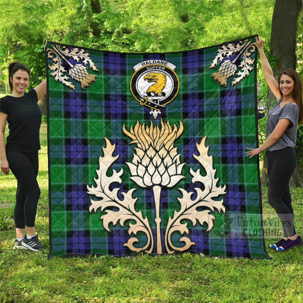 Tartan Vibes Clothing Haldane Tartan Quilt with Family Crest and Golden Thistle Style