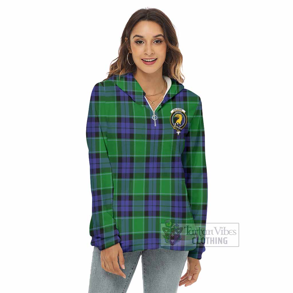 Haldane Tartan Women's Borg Fleece Hoodie with Half Zip with Family Crest - Tartan Vibes Clothing