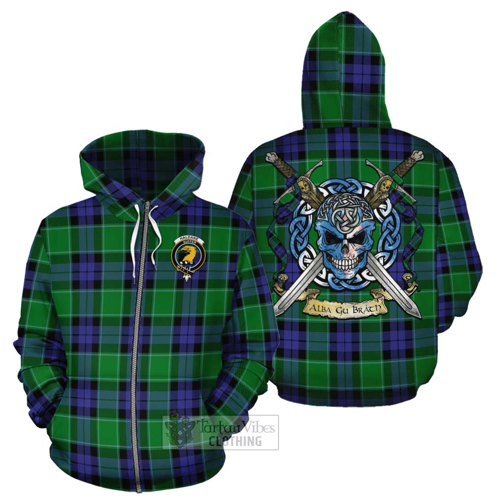 Haldane Tartan Cotton Hoodie with Family Crest Celtic Skull Style - Tartan Vibes Clothing