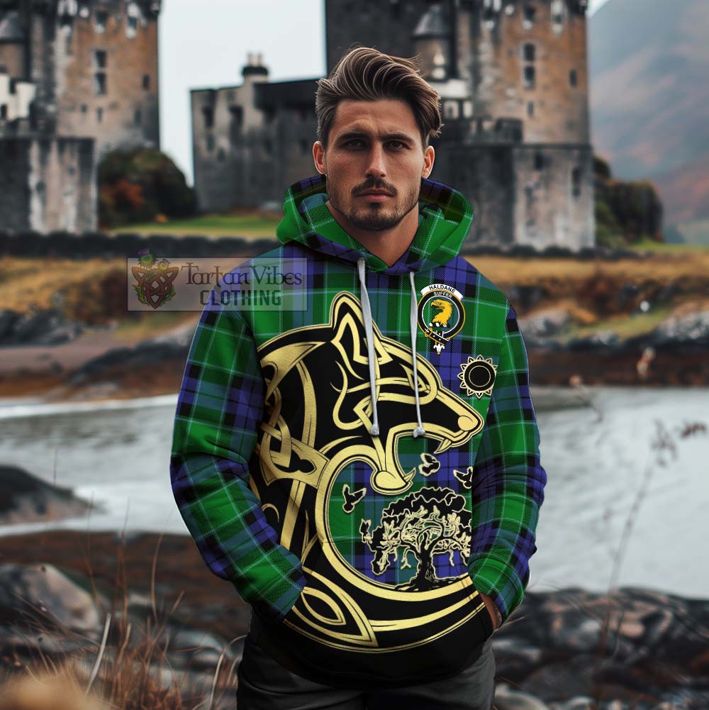 Haldane Tartan Cotton Hoodie with Family Crest Celtic Wolf Style - Tartan Vibes Clothing