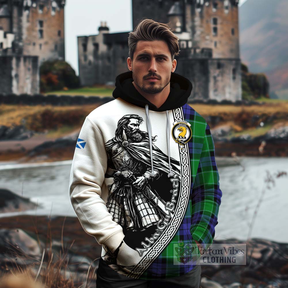Haldane Tartan Clan Crest Cotton Hoodie with Highlander Warrior Celtic Style - Tartan Vibes Clothing