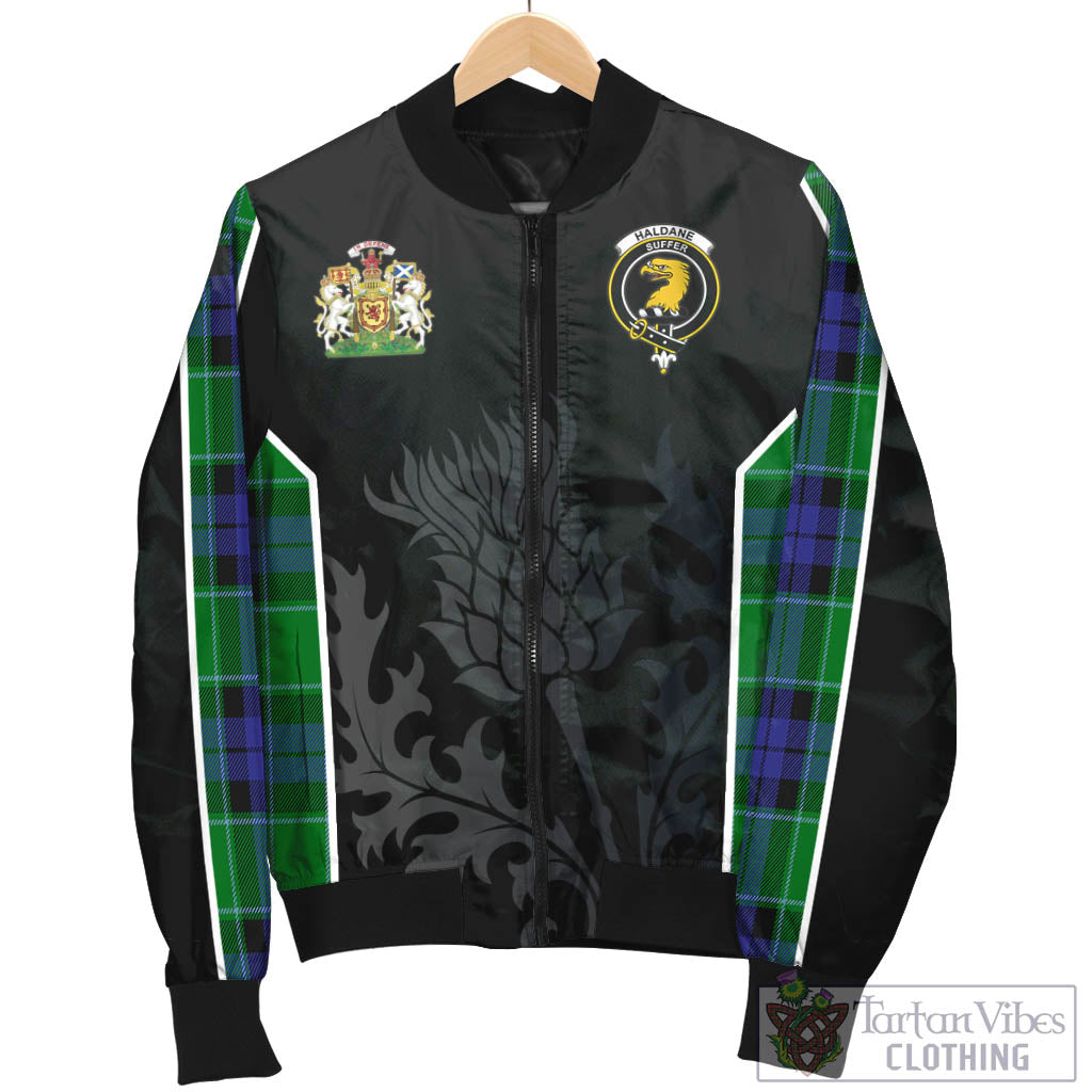 Tartan Vibes Clothing Haldane Tartan Bomber Jacket with Family Crest and Scottish Thistle Vibes Sport Style