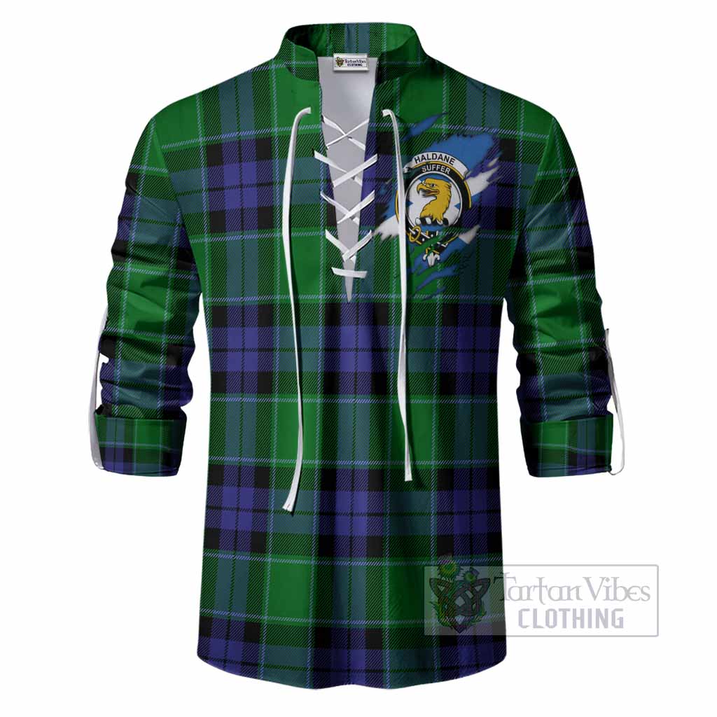 Haldane Clan Crest In Me Tartan Ghillie Shirt Scotland Flag Style