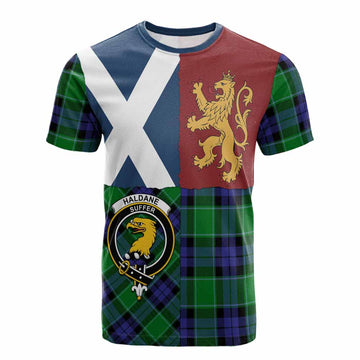 Haldane Crest Tartan Cotton T-shirt with Lion Rampant Saltire Style - Tartan Vibes Clothing