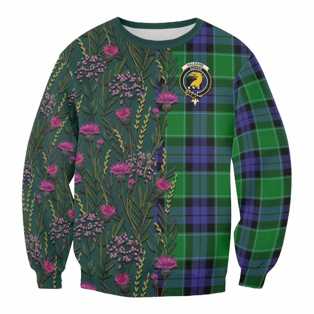 Haldane Family Crest Tartan Sweatshirt Scottish Thistle Flower Pattern Half Style - Tartan Vibes Clothing