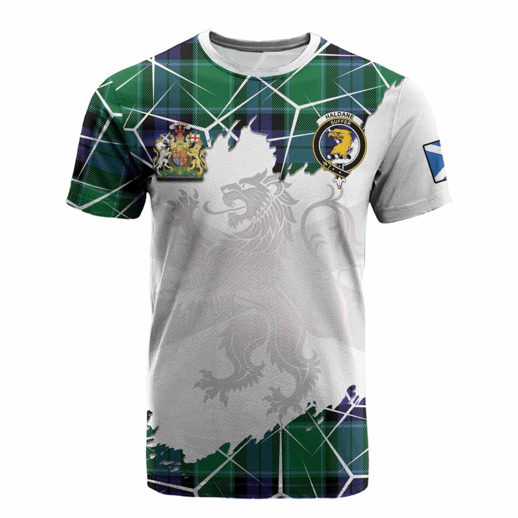 Haldane Tartan Cotton T-shirt with Family Crest and Lion Rampant Grunge Style