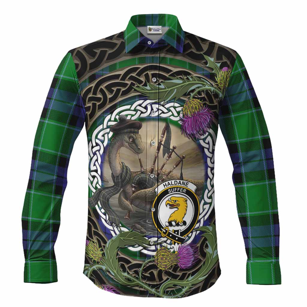 Haldane Tartan Crest Bagpipe Nessie Long Sleeve Button Shirts Scottish Loch Ness Monster Celtic Thistle