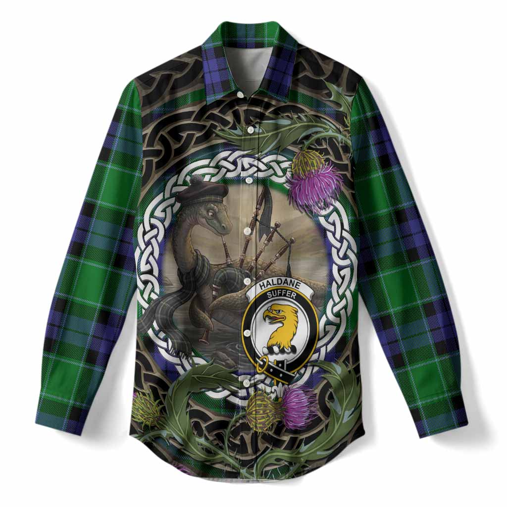 Haldane Tartan Crest Bagpipe Nessie Women Casual Shirt Scottish Loch Ness Monster Celtic Thistle