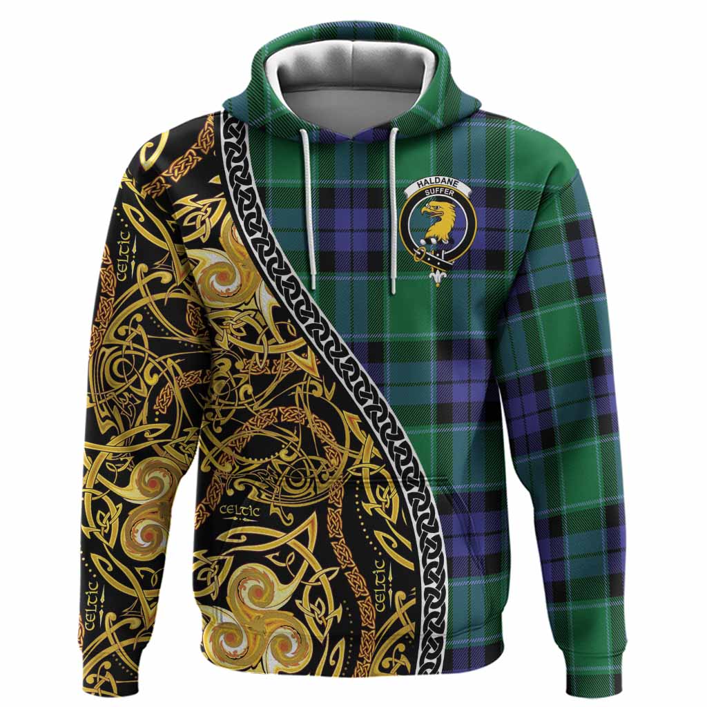 Haldane Tartan Crest Hoodie Celtic Knot and Triple Trickle Spiral Symbols