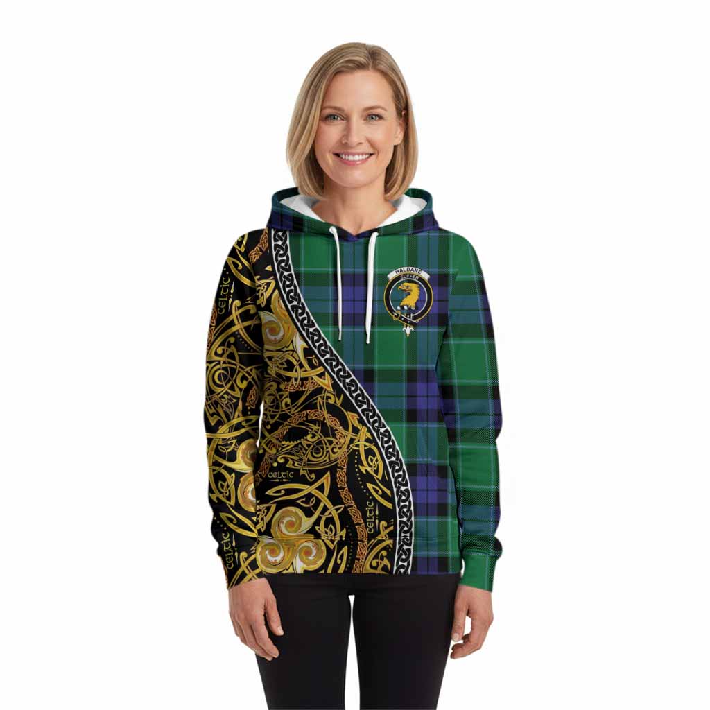 Haldane Tartan Crest Hoodie Celtic Knot and Triple Trickle Spiral Symbols