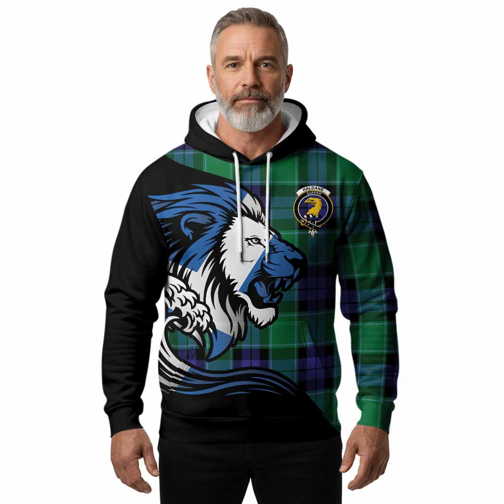 Haldane Tartan Crest Hoodie Scottish Golden Lions Wave Flow