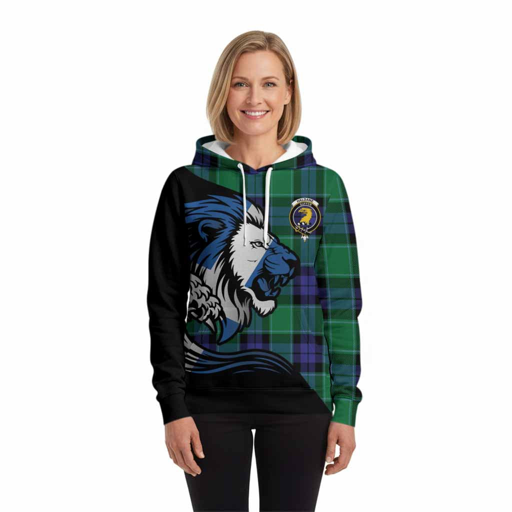 Haldane Tartan Crest Hoodie Scottish Golden Lions Wave Flow