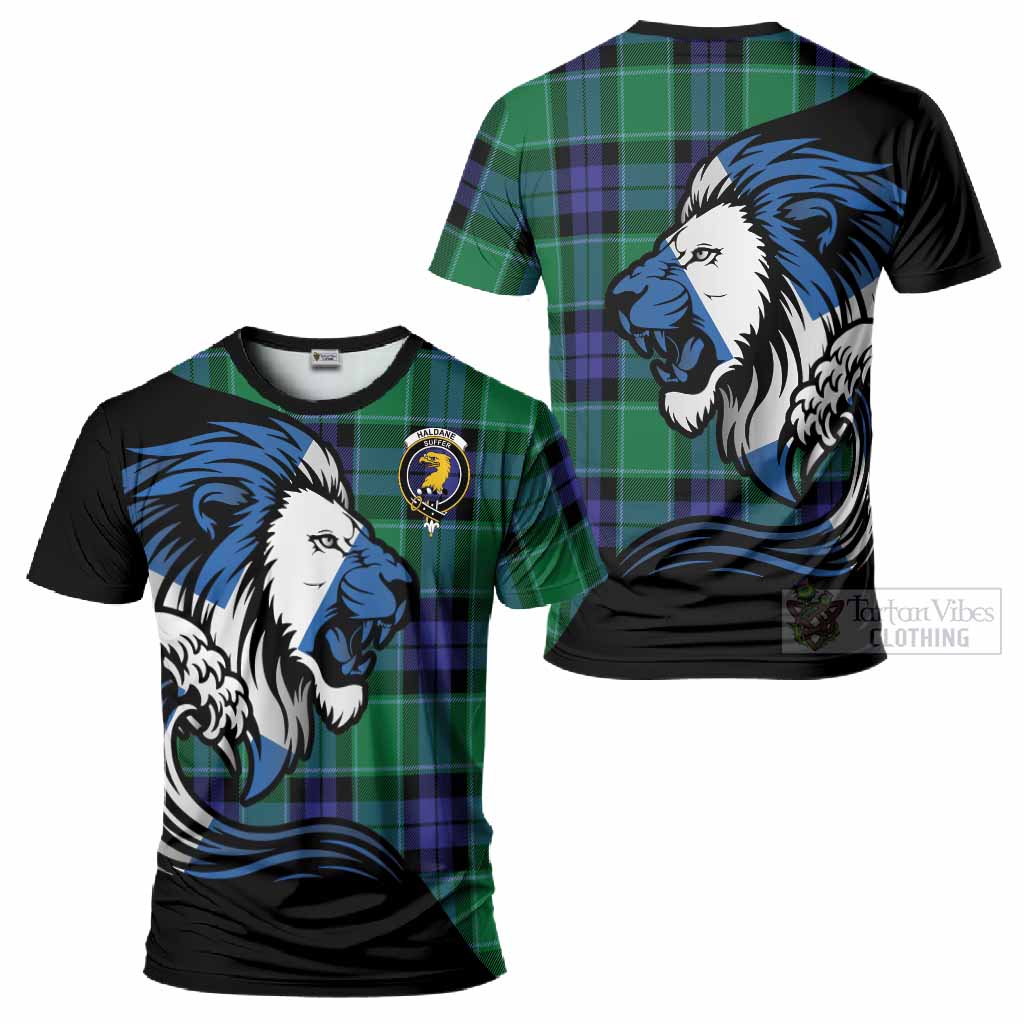Haldane Tartan Crest T-Shirt Scottish Golden Lions Wave Flow