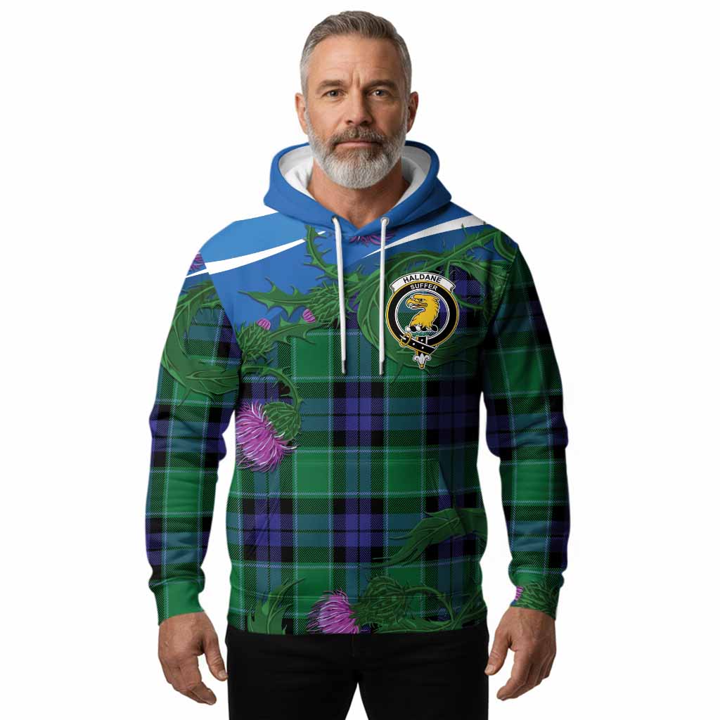 Haldane Tartan Family Crest Hoodie Thistle in Minimalism