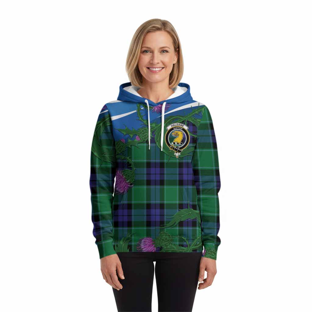 Haldane Tartan Family Crest Hoodie Thistle in Minimalism
