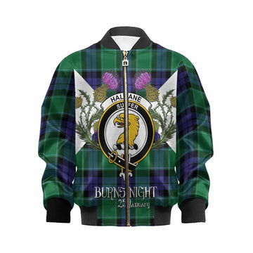 Haldane Tartan Family Crest Kid Bomber Jacket Scottish Burns Night Thistle Floral