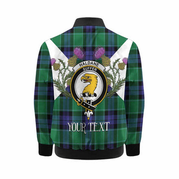 Haldane Tartan Family Crest Kid Bomber Jacket Scottish Burns Night Thistle Floral
