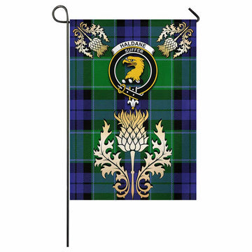 Haldane Tartan Garden Flag with Golden Regal Scottish Thistle Emblem