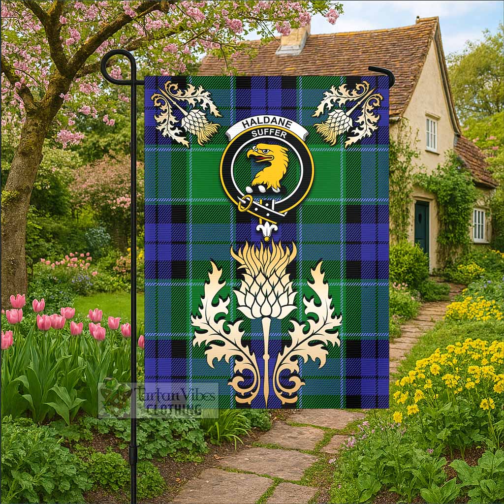 Haldane Tartan Garden Flag with Golden Regal Scottish Thistle Emblem - Tartan Vibes Clothing