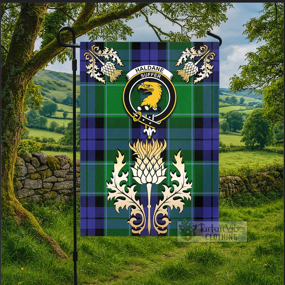 Haldane Tartan Garden Flag with Golden Regal Scottish Thistle Emblem - Tartan Vibes Clothing