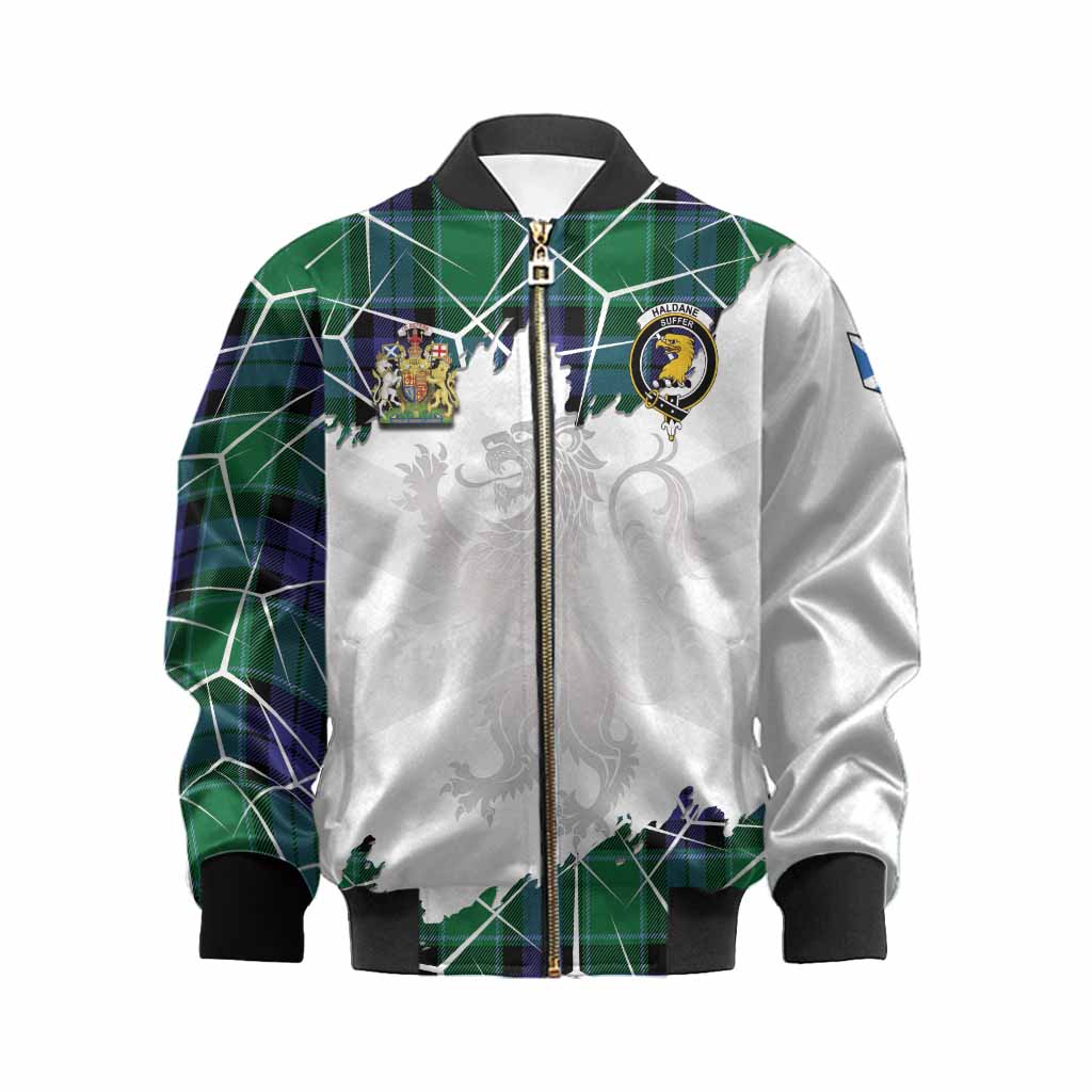 Haldane Tartan Kid Bomber Jacket with Family Crest and Lion Rampant Grunge Style