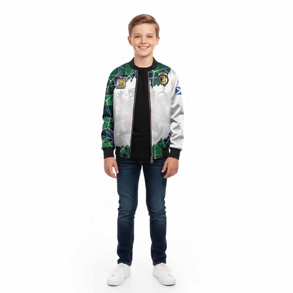 Haldane Tartan Kid Bomber Jacket with Family Crest and Lion Rampant Grunge Style