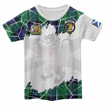Haldane Tartan Kid T-shirt with Family Crest and Lion Rampant Grunge Style