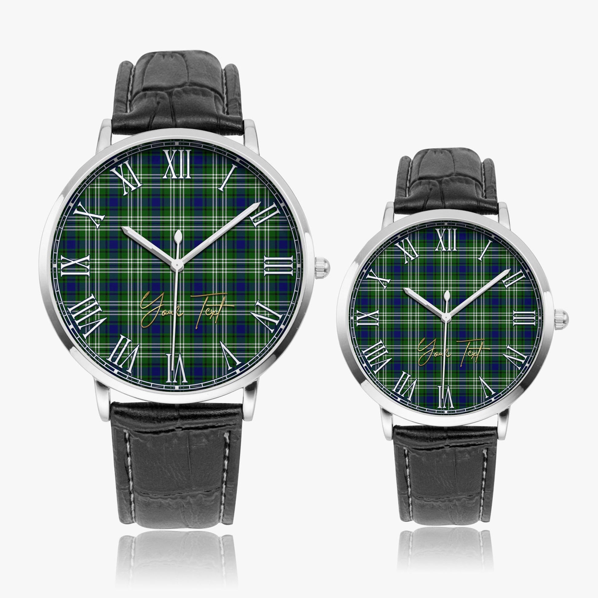 Haliburton Tartan Personalized Your Text Leather Trap Quartz Watch Ultra Thin Silver Case With Black Leather Strap - Tartanvibesclothing