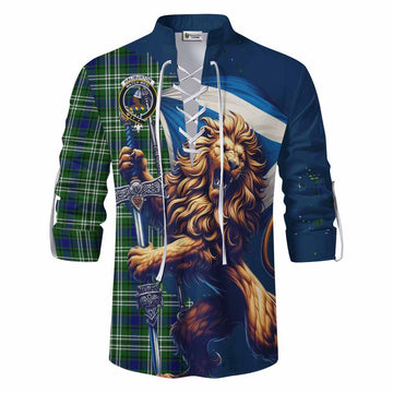 Haliburton Tartan Family Crest Ghillie Kilt Shirt with Scottish Majestic Lion Men - Tartan Vibes Clothing