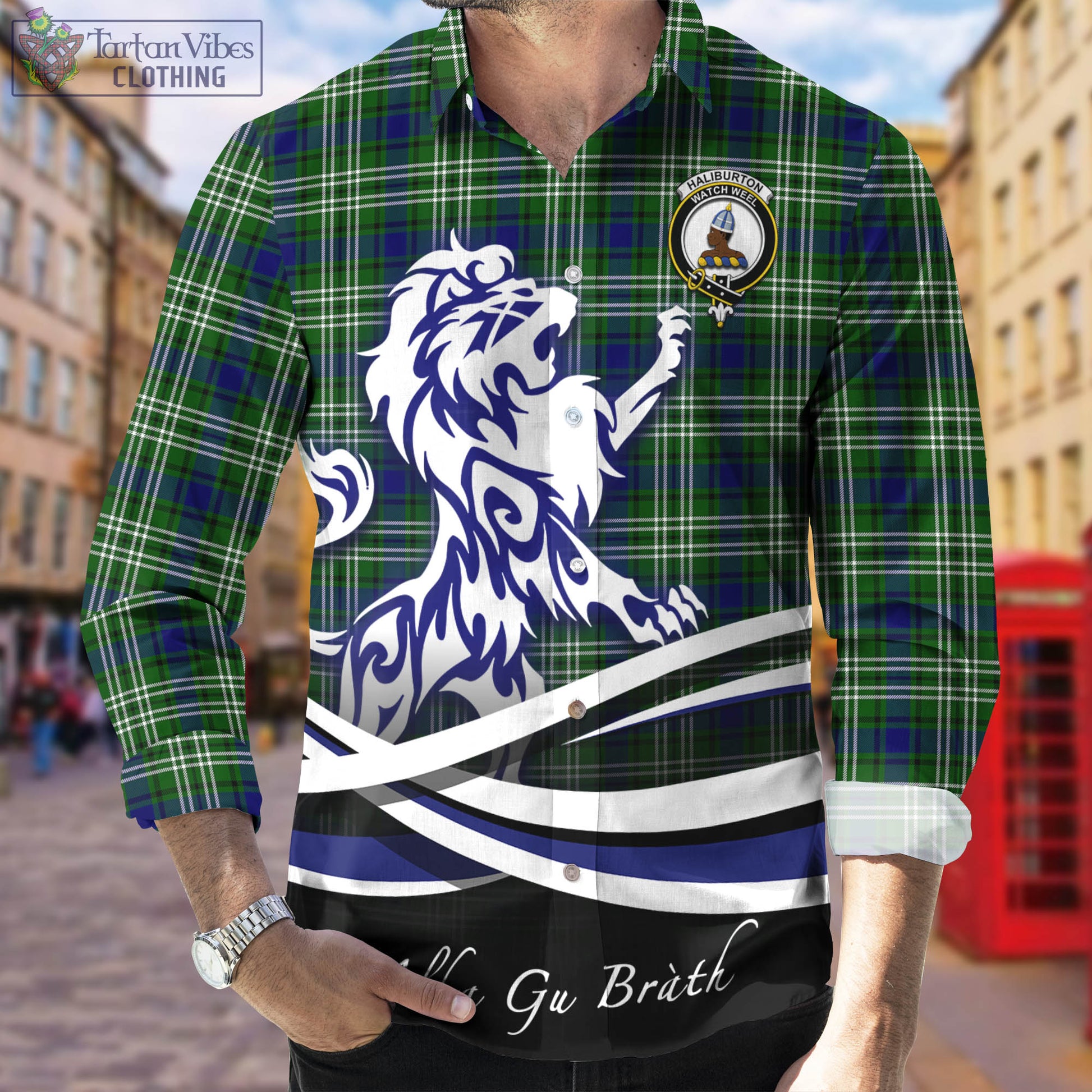 Haliburton Tartan Long Sleeve Button Up Shirt with Alba Gu Brath Regal Lion Emblem Men's Shirt - Tartan Vibes Clothing