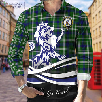 Haliburton Tartan Long Sleeve Button Up Shirt with Alba Gu Brath Regal Lion Emblem Men's Shirt - Tartan Vibes Clothing