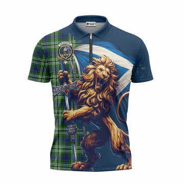 Haliburton Tartan Family Crest Zipper Polo Shirt with Scottish Majestic Lion Unisex - Tartan Vibes Clothing
