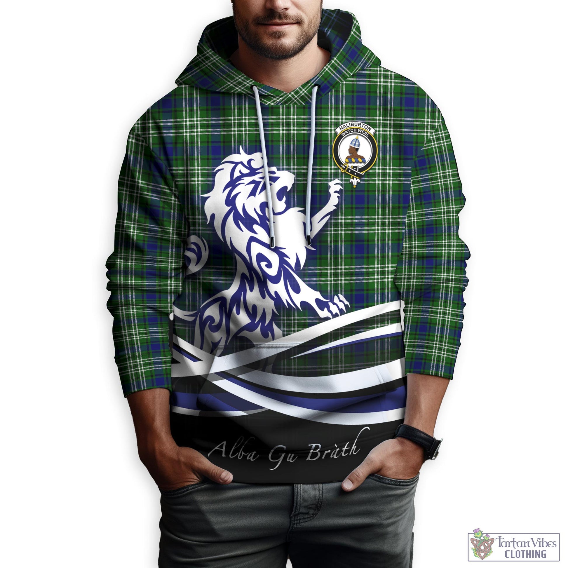 Haliburton Tartan Hoodie with Alba Gu Brath Regal Lion Emblem Zip Hoodie - Tartan Vibes Clothing