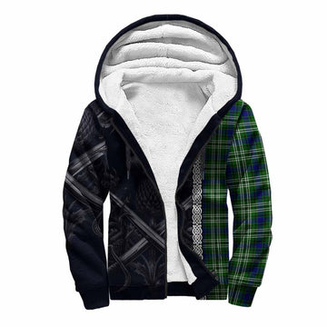 Haliburton Tartan Sherpa Hoodie with Family Crest Cross Sword Thistle Celtic Vibes Unisex S - Tartan Vibes Clothing