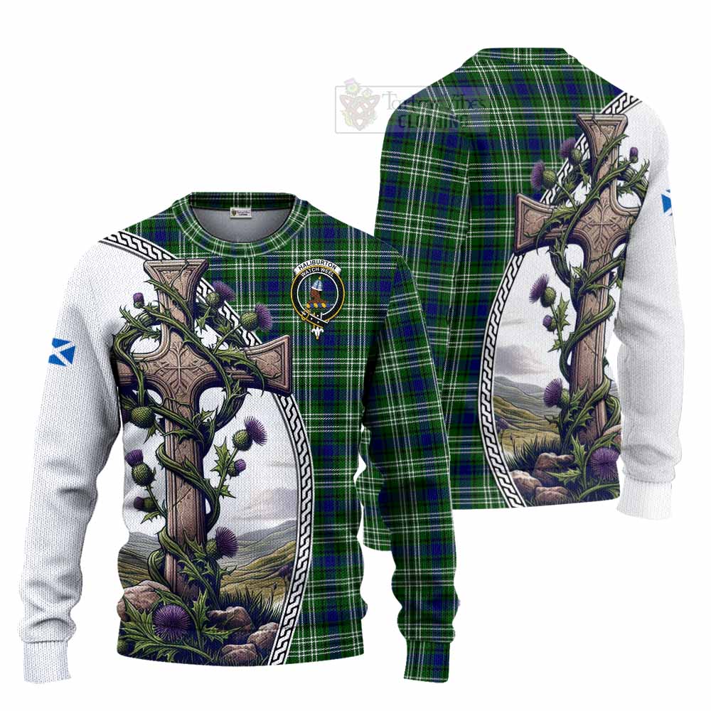 Haliburton Tartan Knitted Sweater with Family Crest and St. Andrew's Cross Accented by Thistle Vines Unisex - Tartan Vibes Clothing