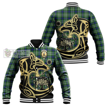 Haliburton Tartan Baseball Jacket with Family Crest Celtic Wolf Style Unisex - Tartan Vibes Clothing