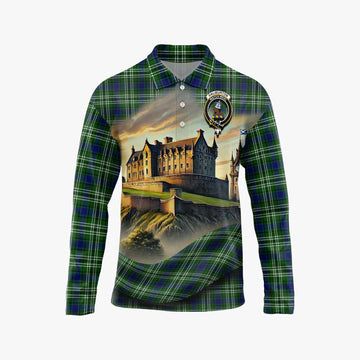 Haliburton Tartan Family Crest Long Sleeve Polo Shirt with Scottish Ancient Castle Style Unisex - Tartan Vibes Clothing