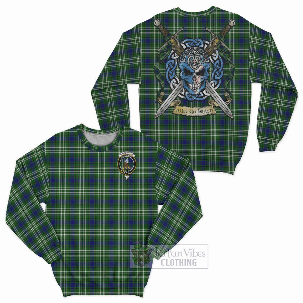Haliburton Tartan Sweatshirt with Family Crest Celtic Skull Style Unisex - Tartan Vibes Clothing