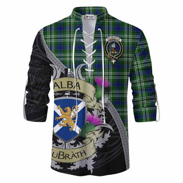 Haliburton Tartan Family Crest Ghillie Kilt Shirt Lion Rampant Royal Thistle Shield Celtic Inspired Men - Tartan Vibes Clothing