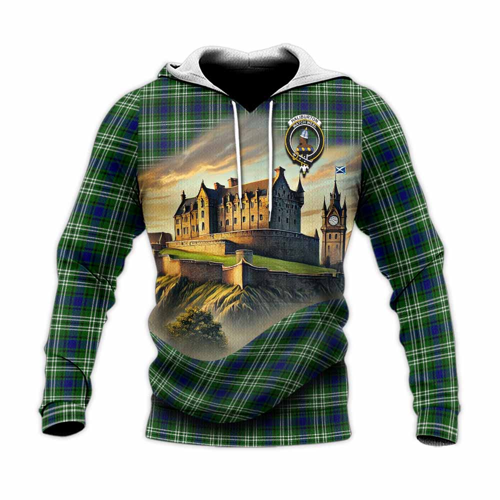 Haliburton Tartan Family Crest Knitted Hoodie with Scottish Ancient Castle Style Unisex Knitted Pullover Hoodie - Tartan Vibes Clothing