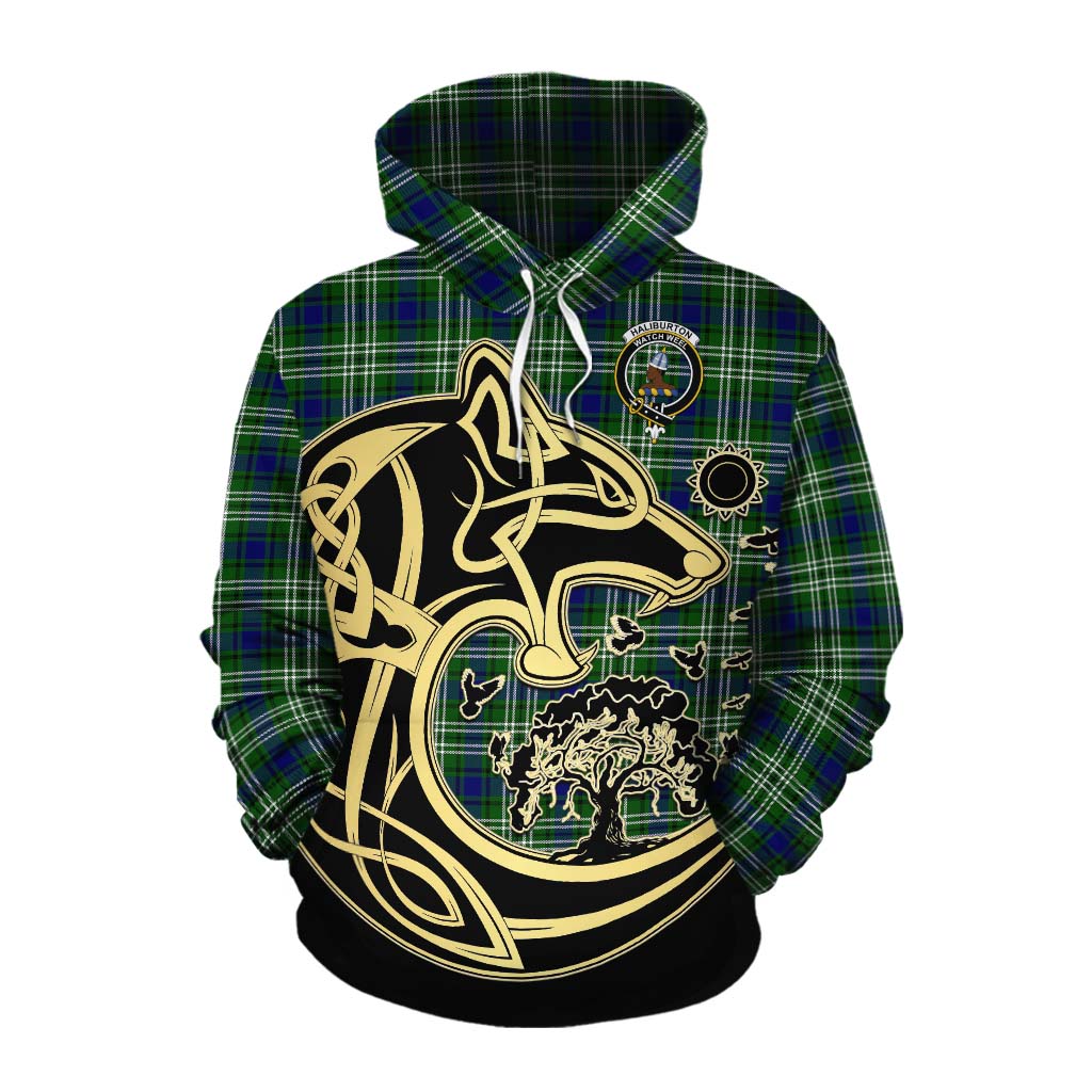 Haliburton Tartan Cotton Hoodie with Family Crest Celtic Wolf Style Pullover Hoodie XS - Tartan Vibes Clothing