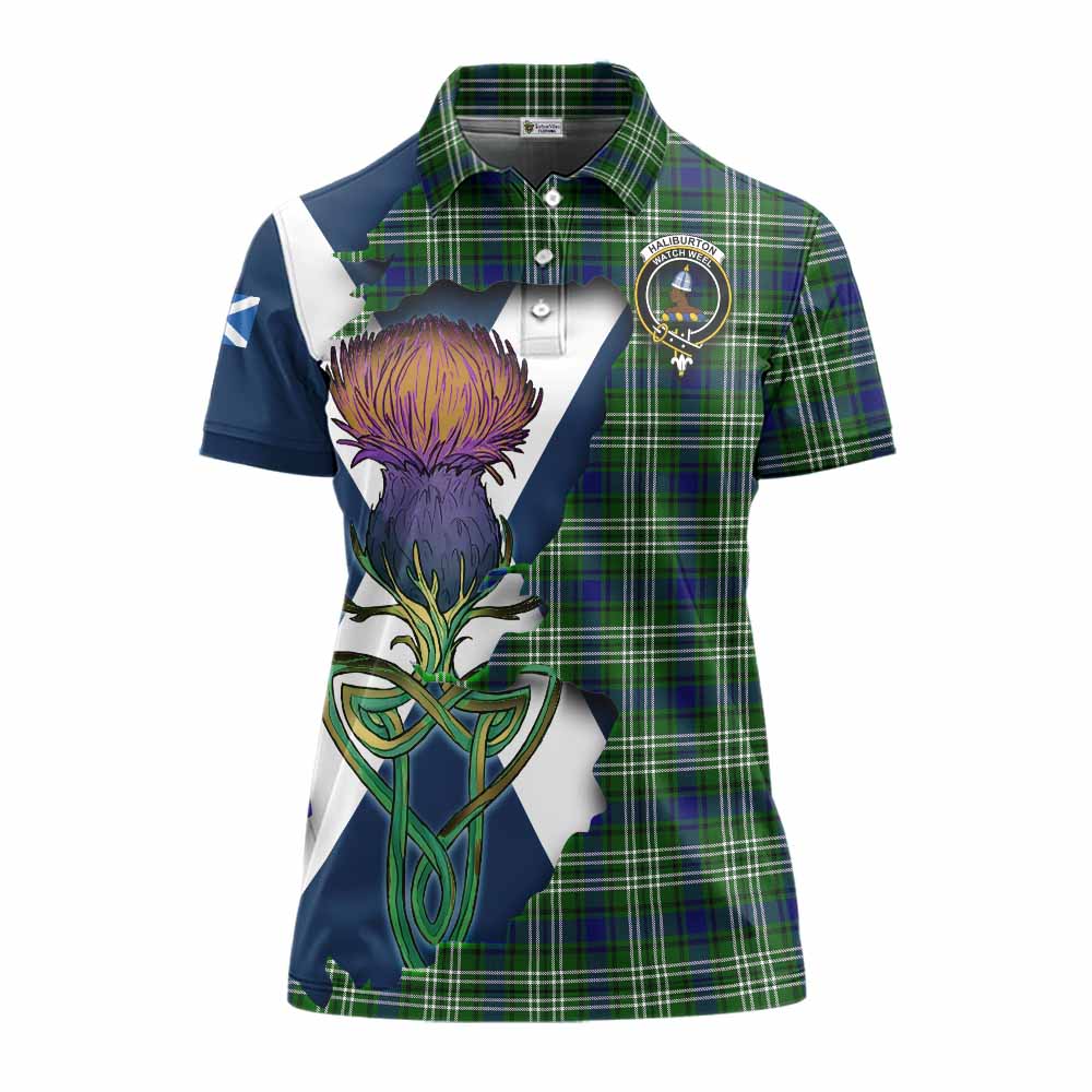 Haliburton Tartan Family Crest Women's Polo Shirt Scottish Thistle Celtic Inspired Women - Tartan Vibes Clothing