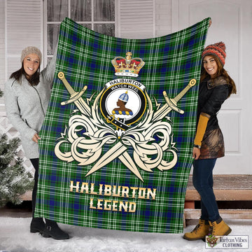 Haliburton Tartan Blanket with Clan Crest and the Golden Sword of Courageous Legacy X-Large 59 x 79 inches 150 x 200 cm - Tartan Vibes Clothing