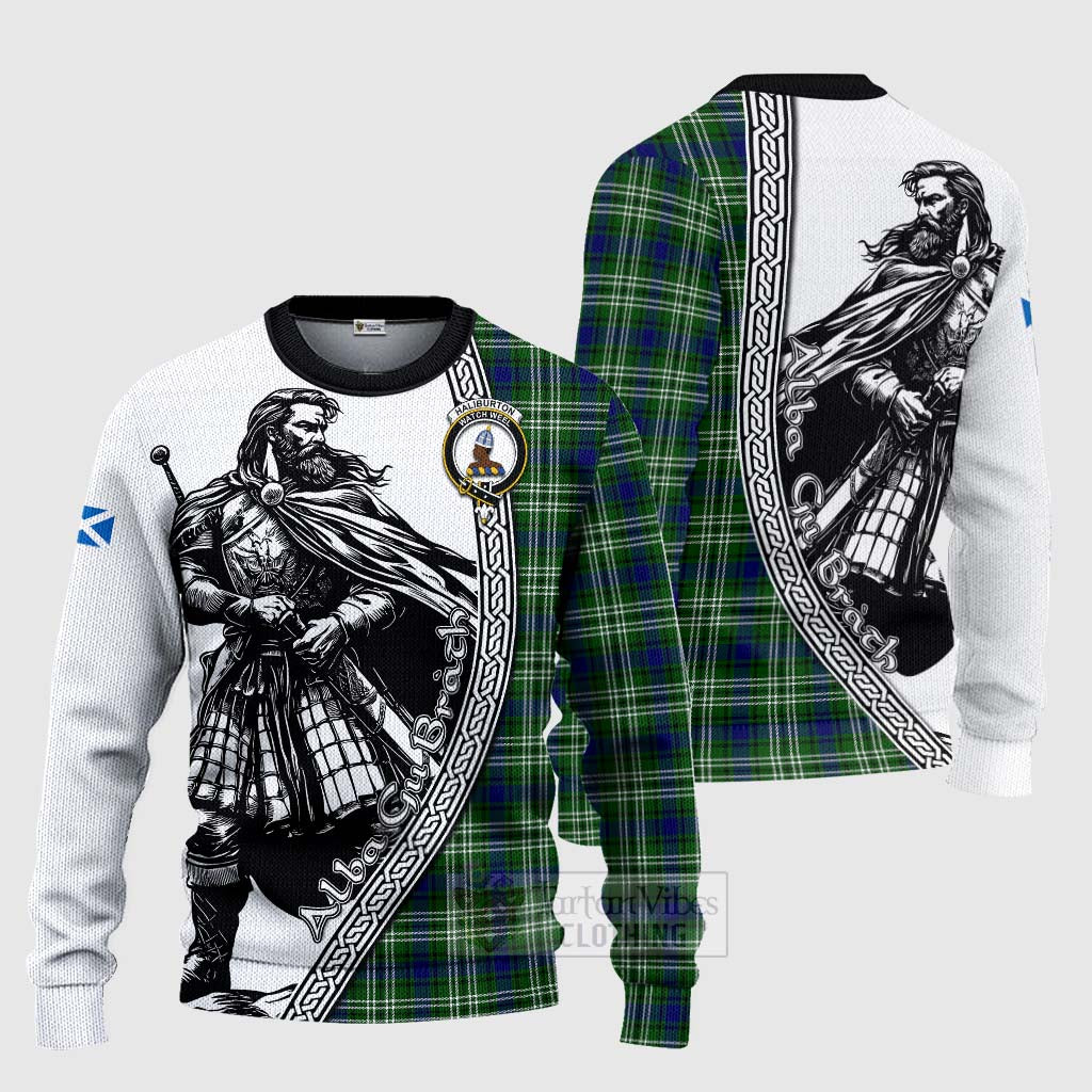 Haliburton Tartan Clan Crest Knitted Sweater with Highlander Warrior Celtic Style Unisex - Tartan Vibes Clothing